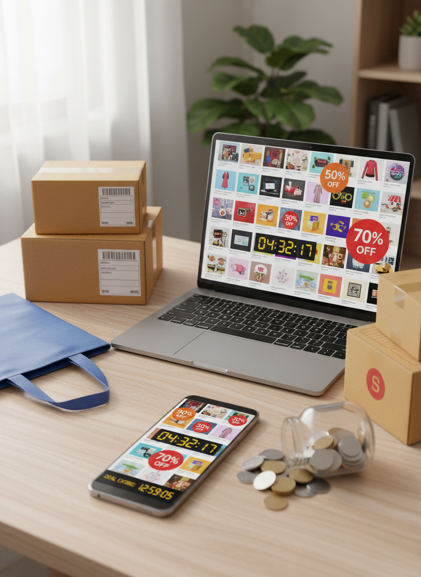 A vibrant digital marketplace scene showing a sleek laptop and modern smartphone on a light wooden desk, both screens filled with colorful product grids and large, clearly visible percentage discount badges and countdown-style expiry indicators. Surrounding the devices are real-world shopping elements: neatly stacked delivery boxes with shipping labels, a reusable shopping bag, and a small pile of saved coins overflowing from a transparent glass jar. Soft daylight from a nearby window casts gentle, natural highlights and subtle shadows, creating a bright, energetic atmosphere. Captured at a slightly elevated, three-quarter angle with shallow depth of field, the focus is sharp on the screens and discount visuals, while the background gently blurs. The photographic style is clean, modern, and playful, suggesting excitement about daily updated deals and real savings on purchases.